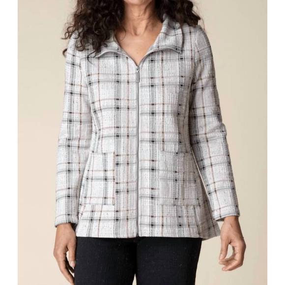 NEW HABITAT windowpane plaid knit swing jacket in putty - Picture 1 of 3